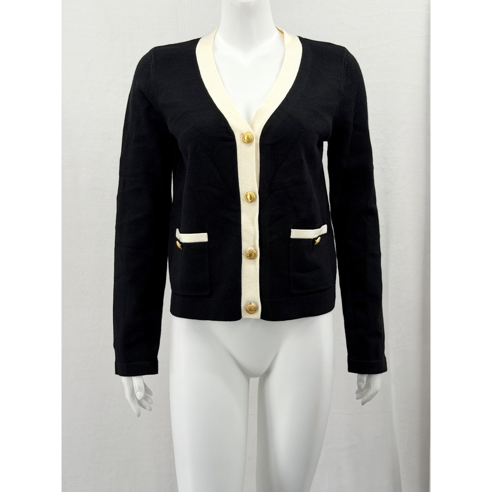 English Factory Sweater Womens Small Black Cream Cardigan Old Money Church Work